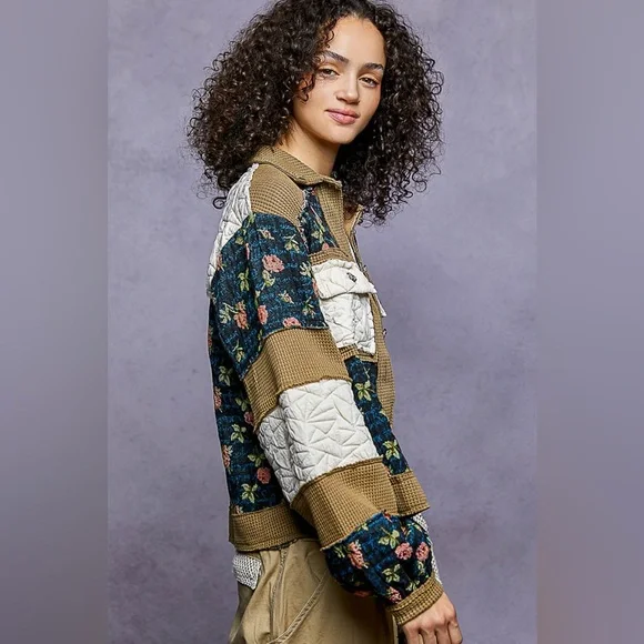 NEW POL Indigo Quilted Floral Patchwork Jacket Boho Shacket Oversized Size Small - Picture 2 of 3